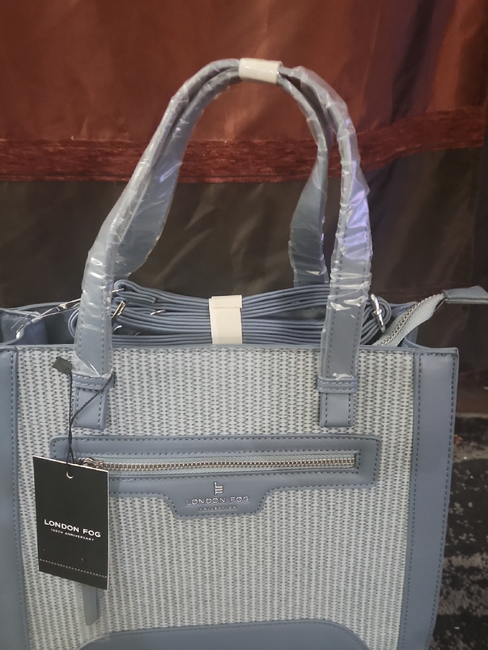 London Fog Blue Woven Tote with Front Zip Pocket
